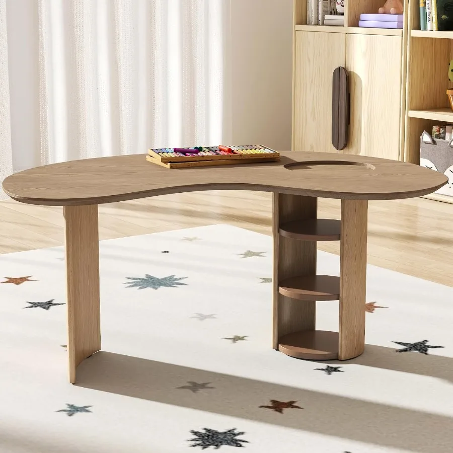 طاولة نصف قمر للأعمار من 3 إلى 8 سنوات، مكتب أنشطة خشبي مع مساحة تخزين للفصول الدراسية لمرحلة ما قبل المدرسة، طاولة لعب على شكل كلى للأطفال الصغار 29 وات