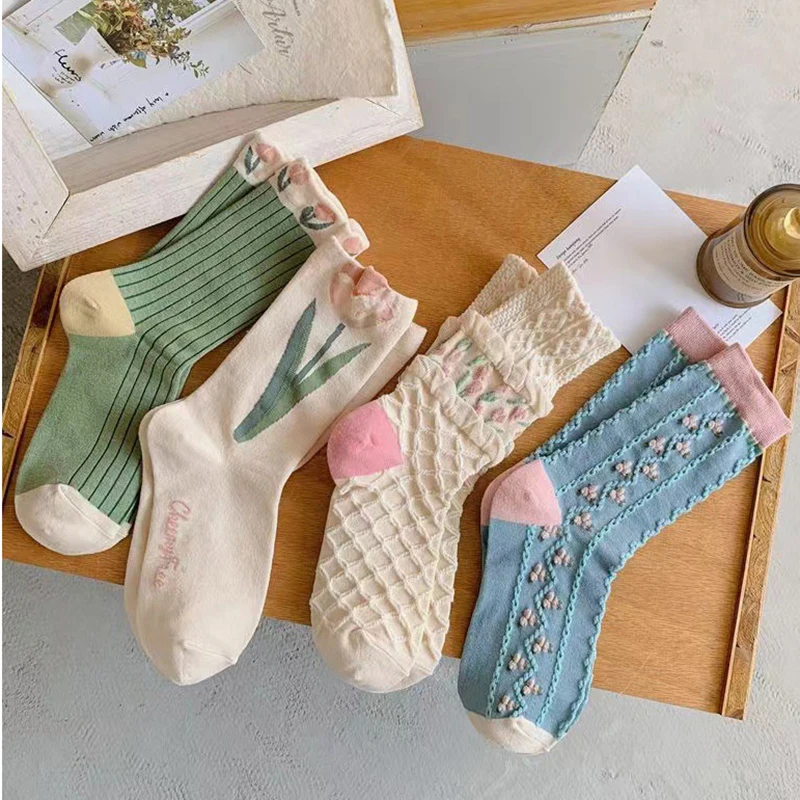 Urgot New Spring Tulip Series Women Medium Hose kawaii Versatile Flower Girl Student Cotton Socks Long Socks Crew Socks Girls