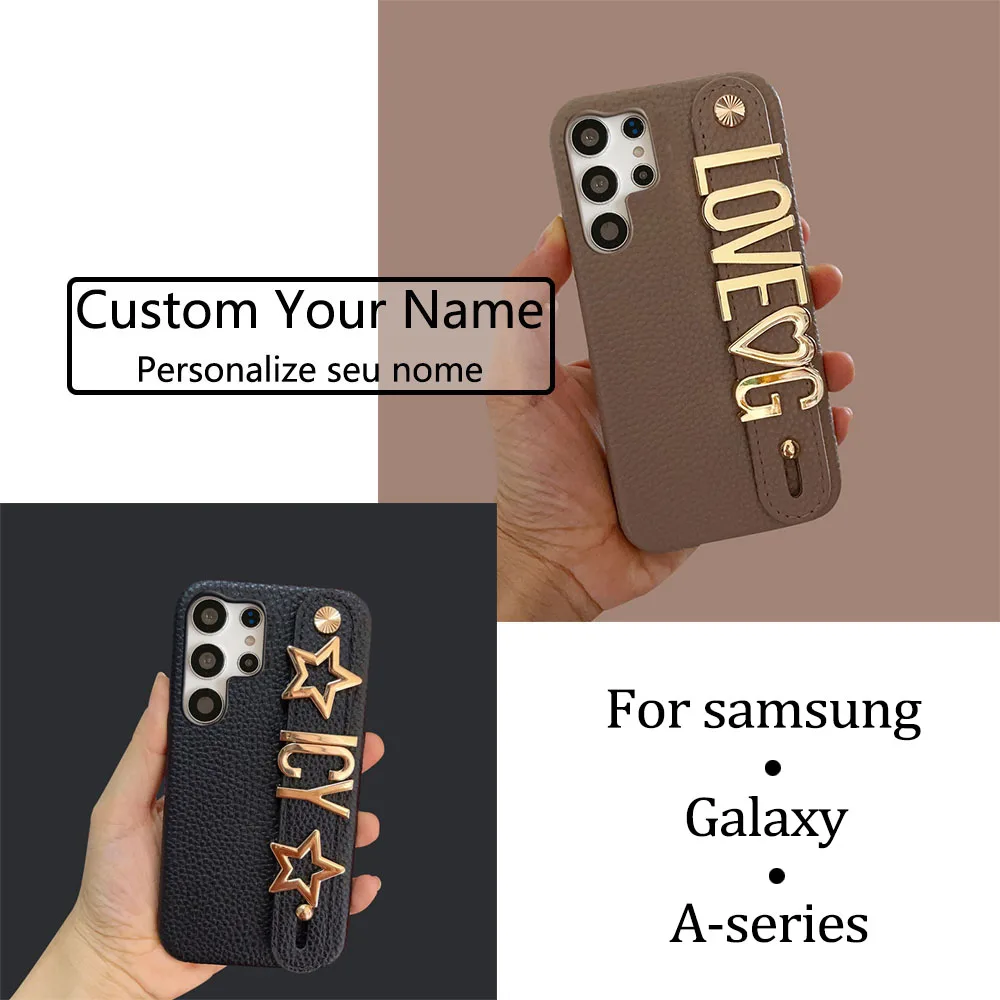 

Personalized Custom Silver Metal Name Letter Strap Leather Case For Samsung Galaxy A14 A22 A24 A32 A33 A34 A53 A54 Cover Funda