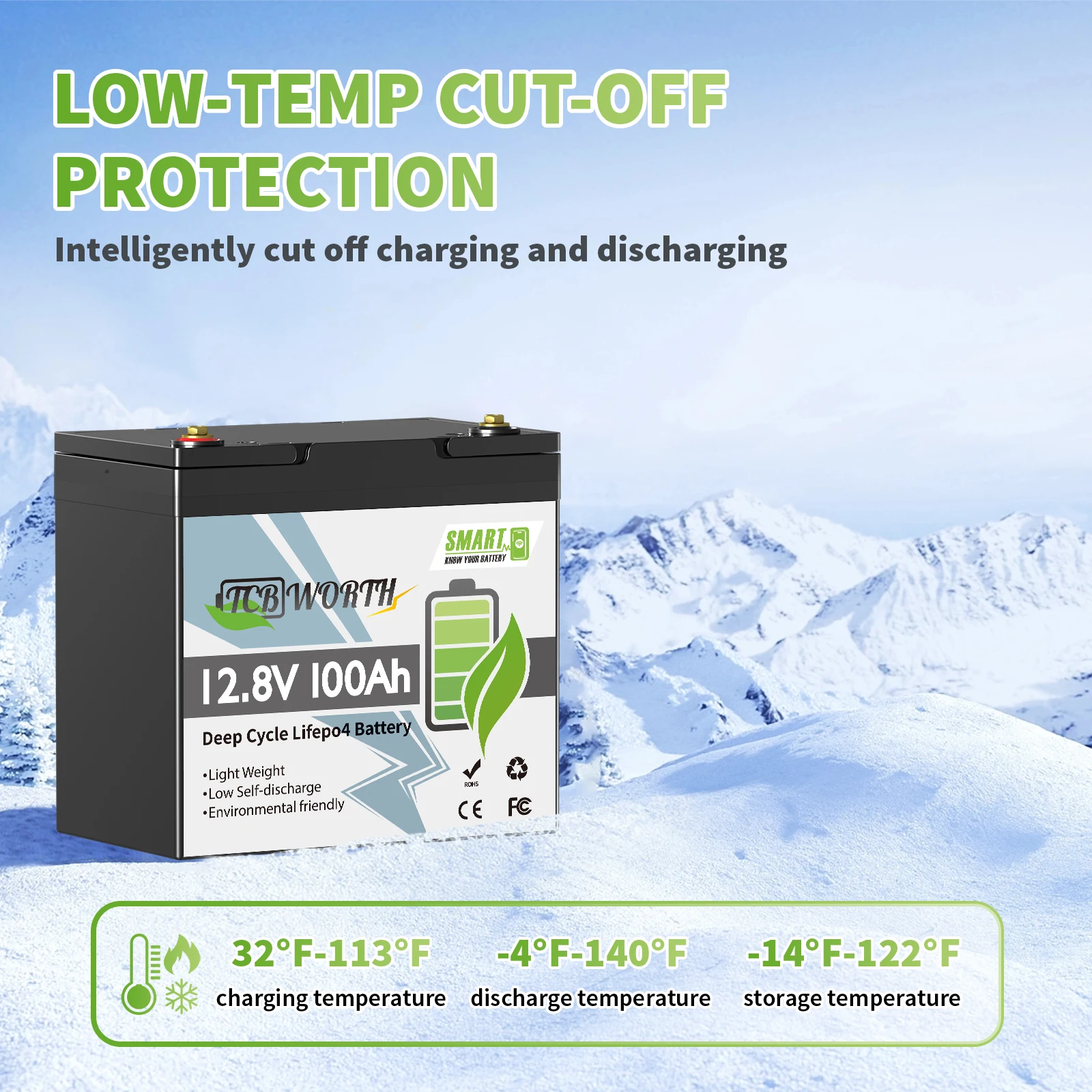 TCBWORTH 12V 100Ah LiFePO4-Lithiumbatterie mit 100A BMS, Low-Temp-Schutz, 7000+ Zyklen für Trolling-Motoren, Wohnmobile, Solarsysteme – Detail 7
