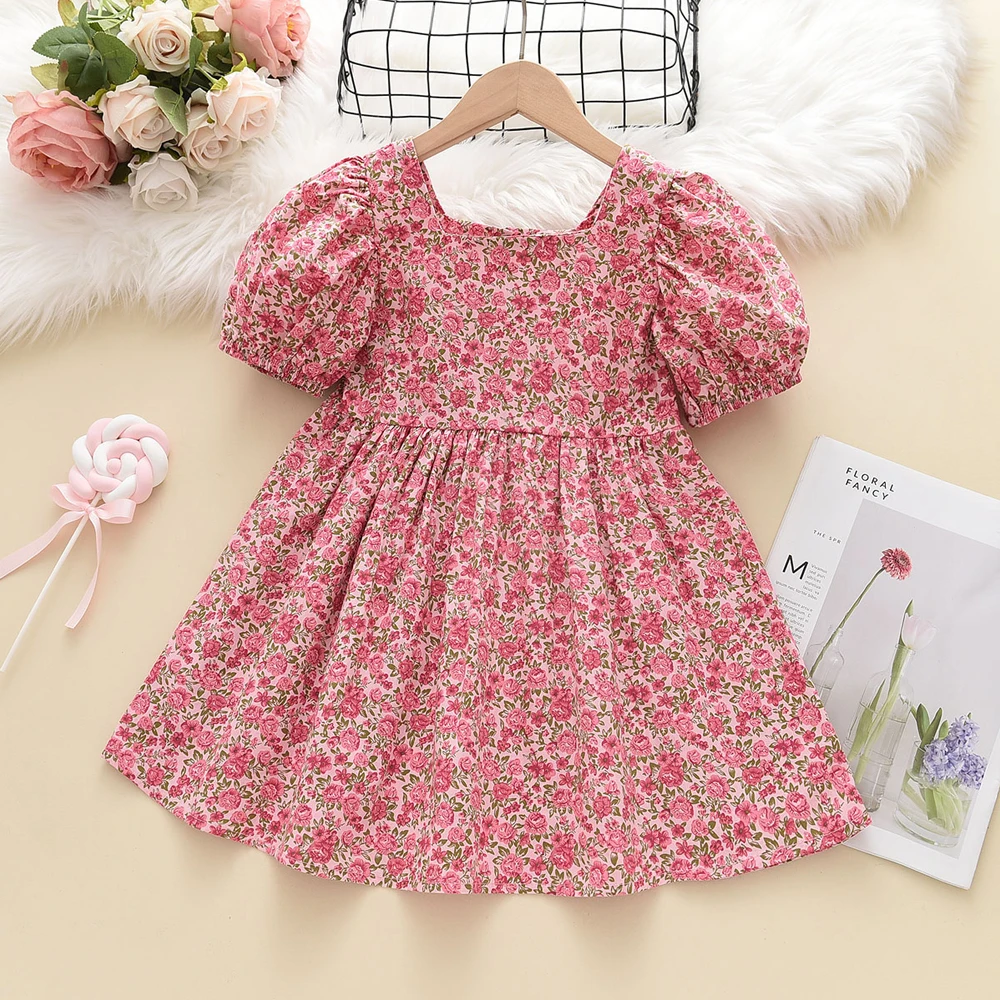 Red Floral Bubble Sleeve Princess Dress Korean Version Sweet and Cute Girl Costume Party Birthday Daily Casual 3-7 Years Old