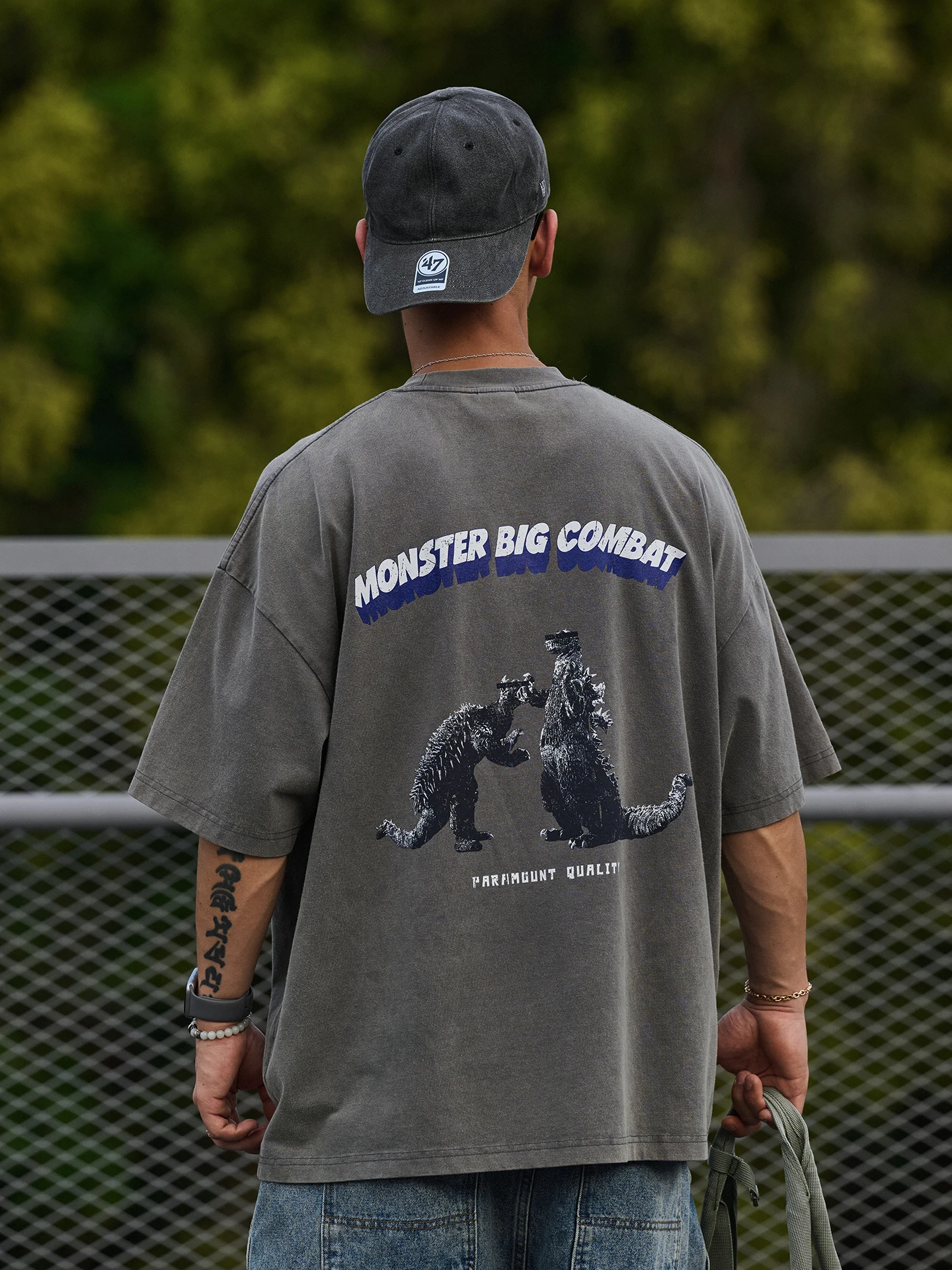 Broshood 26SS Retro Japanese Style Sand Washed Vintage Monster Battle Direct Print Short Sleeve T-Shirt Unisex Summer Casual Top