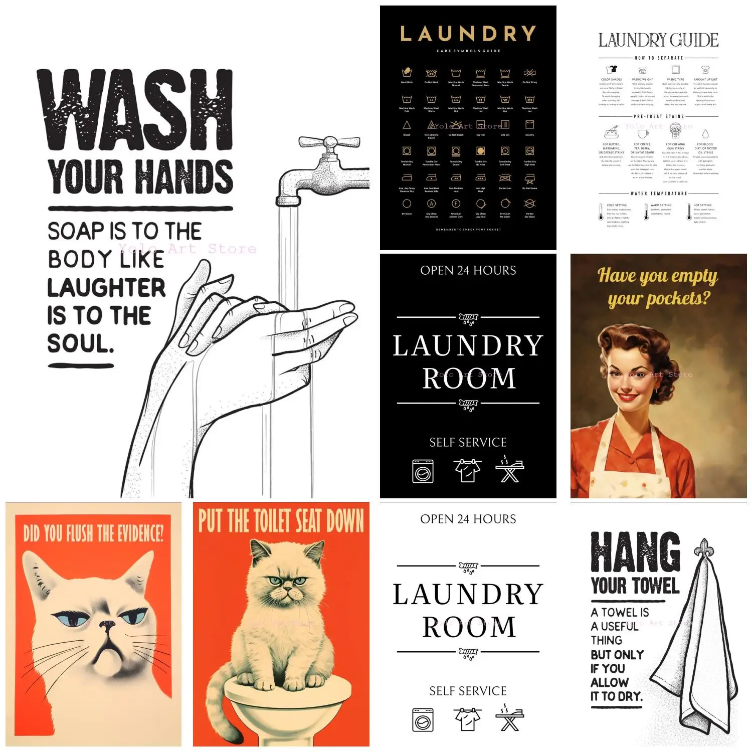 Laundry Room Toilet Sign Laundry Care Symbol Washing Canvas Posters Canvas Printing Wall Art Picture for Bathroom Home Decor