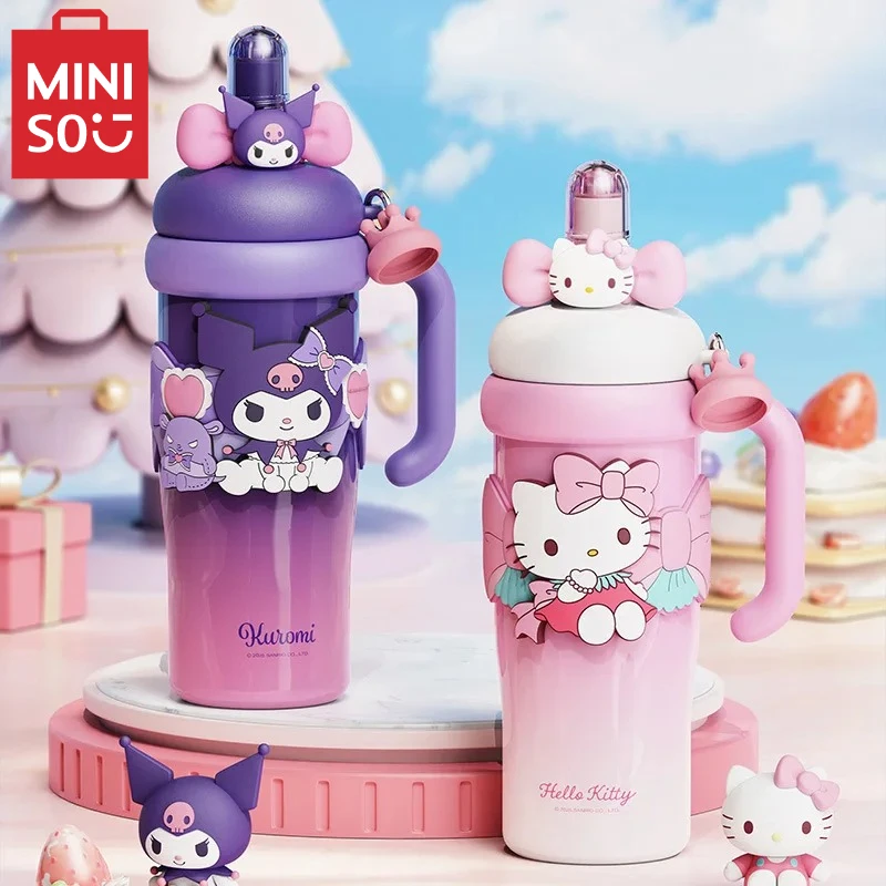 

Изолированная чашка Miniso Sanrio Kuromi для девочек, новинка 2025, модель, студенческая соломенная бутылка для воды, портативная чашка