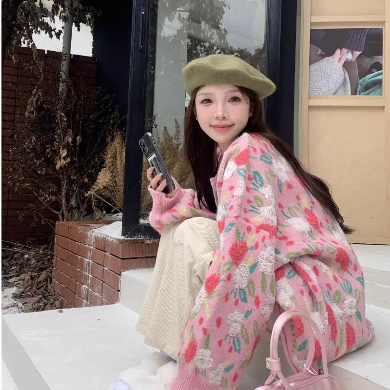 Prinzessin Rundhals Blume Strickjacke Junges Mädchen Mode Süße Lose Gestrickte Pullover Mantel Y2K Frühling Herbst Kleidung Tragen Draußen