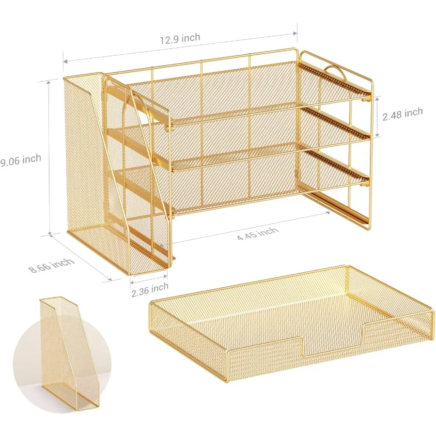 منظم ملفات سطح المكتب مكون من 4 طبقات مع درج وحاملين أقلام لتخزين اللوازم المكتبية ومنظم مساحة العمل باللون الذهبي مع M #6