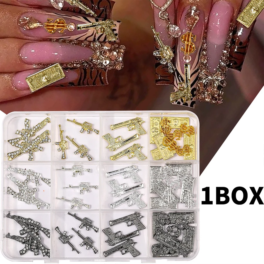 12Grids 3D Alloy Hip Hop Punk Pistol Gun Coin Shape Nail Art Charms Fashion Retro Gold Silver Color Metal Jewelry Accessories