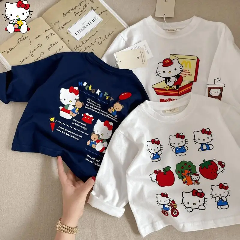 

Hello Kitty Cartoon Anime Children's T Shirt Kawaii Sanrio Long Sleeved Spring Autumn Base Soft Fashionable Casual Sports Sweet
