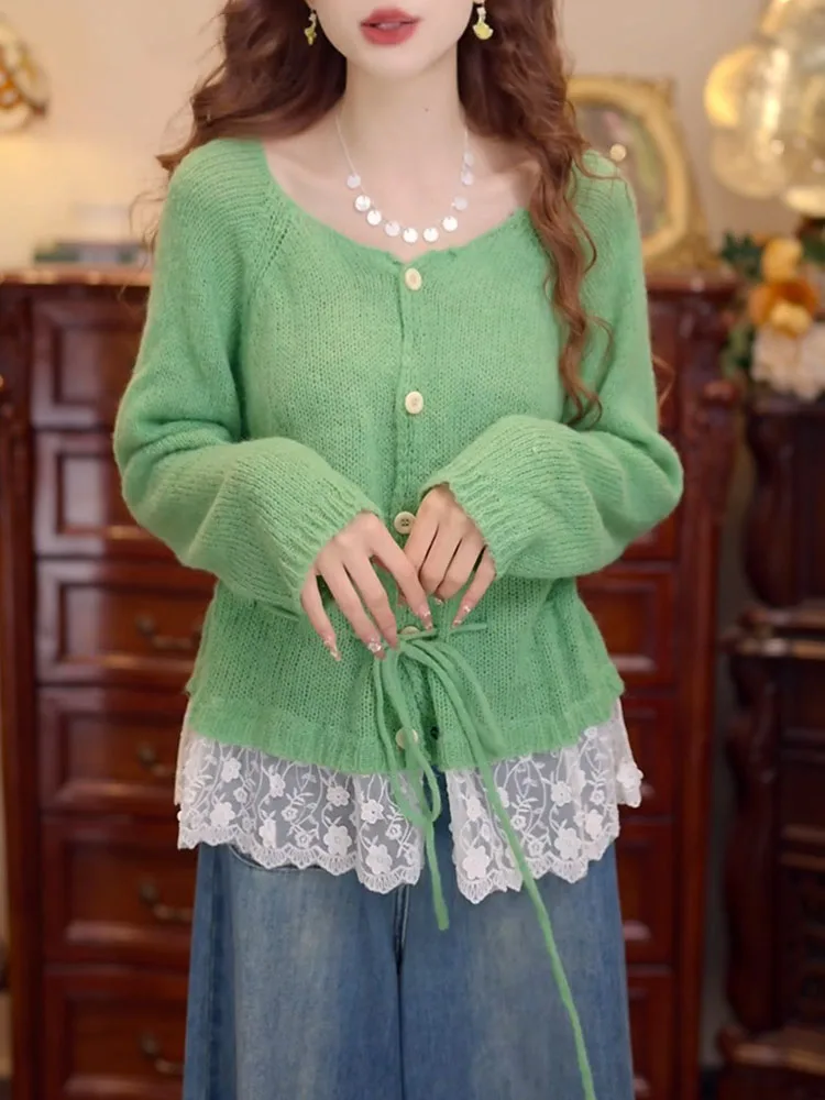 

Country Sle Sweet Lace Splicing Knitted Top een Autumn New Arrival Large Size Anti-Aging Women's Faion Casual Commute