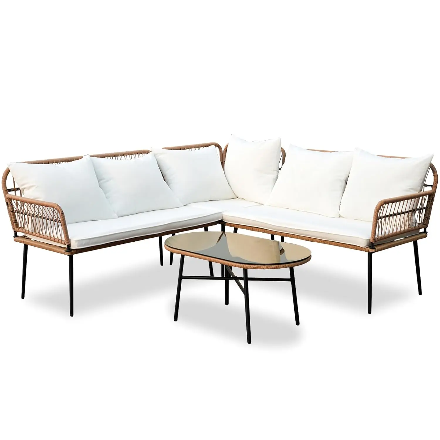 

4 Pieces Patio Sectional Furniture Chairs Set Water-Resistant Outdoor Indoor Wicker Sectional Sofa Beige Woven PE Rattan Co