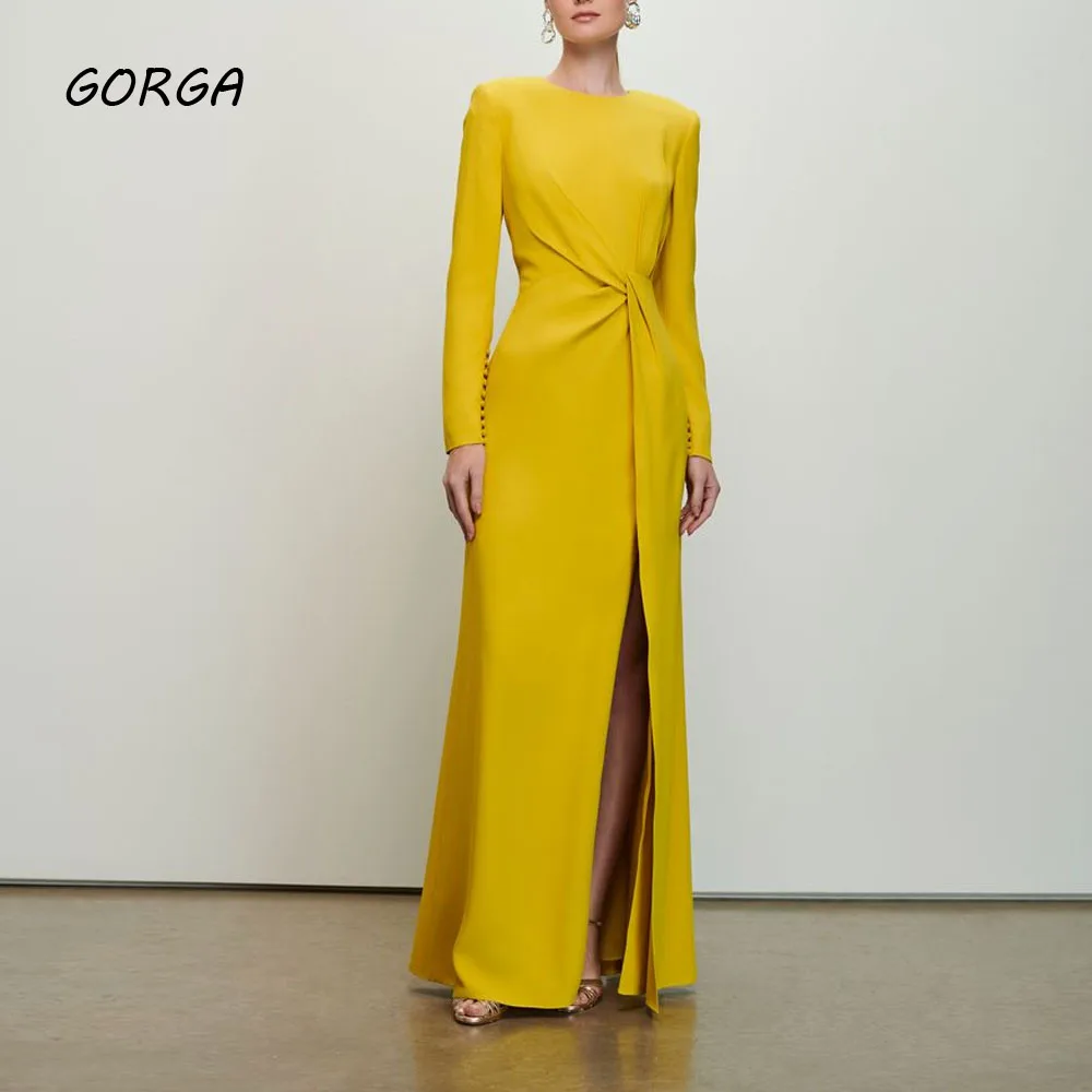 

GORGA Customized Yellow Floor-Length Crepe Evening Dress O-Neck Prom Dress Long Sleeve 2025 Mermaid Party Dress with Split