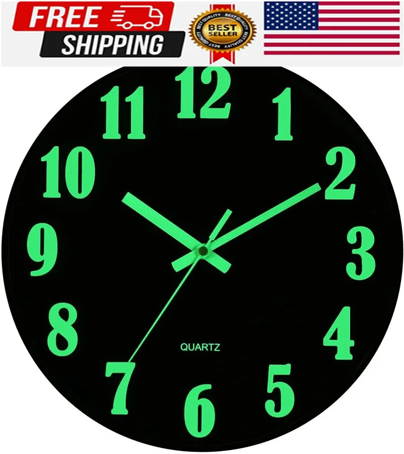 12 Inch Silent Wall Clock Luminous Quartz Night Light Glow In The Dark Large Dial for Bedroom Living Room Home Office Decor