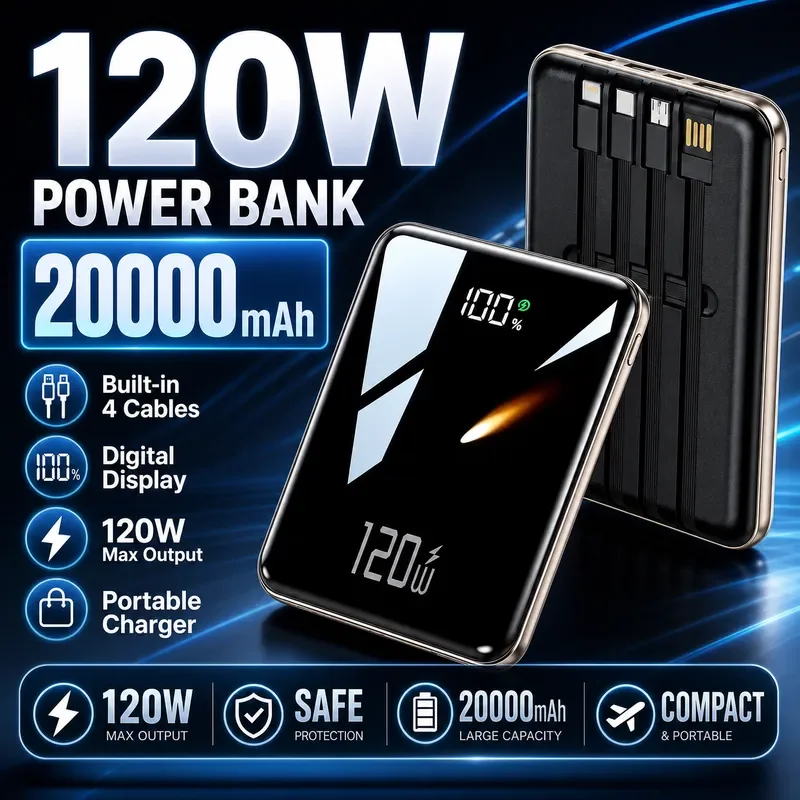20000mAh 120W Power Bank with Built in Cable USB C Fast Charging Portable External Battery for iPhone Xiaomi