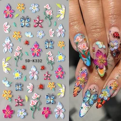 5D Embossed Flower Butterfly Nail Stickers Colorful Floral Petals Design Nail Art Decals Acrylic Self-Adhesive Slider Decor