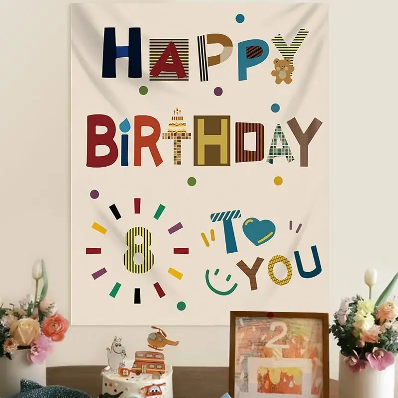 VIKAMA Happy Birthday Backdrop Tapestry, Colorful Geometric Alphabet Wall Hanging, Cute Kids' Party Photo Backdrop, Home Decor