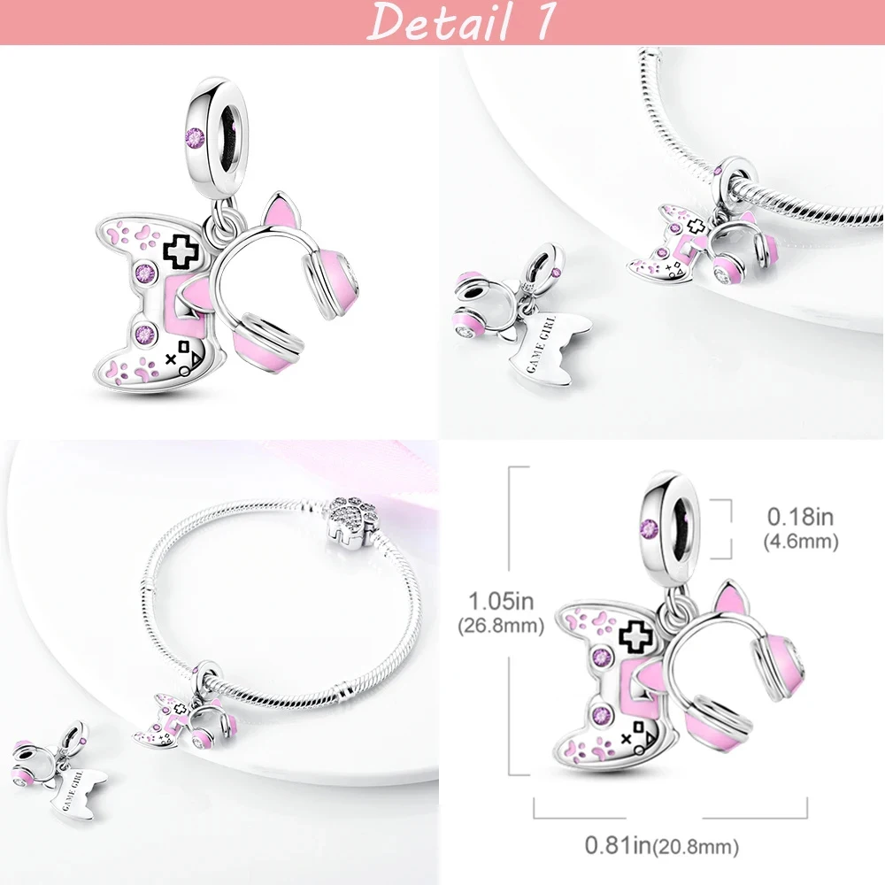 Silver Plated Pink Lady Game Console Headphone Cat Paw Color Charm Fit Original Bracelet Pendant Necklace Gift Beads Jewelry