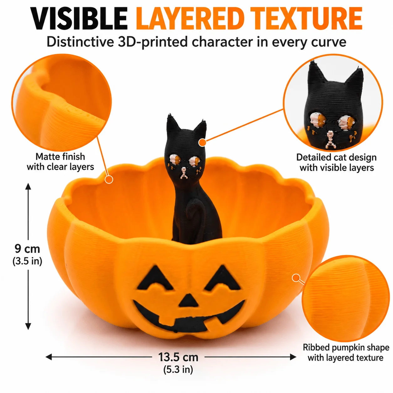 Halloween Pumpkin Candy Bowl with Black Cat Figurine, Jack O Lantern Treat Dish and Small Tabletop Storage Decor