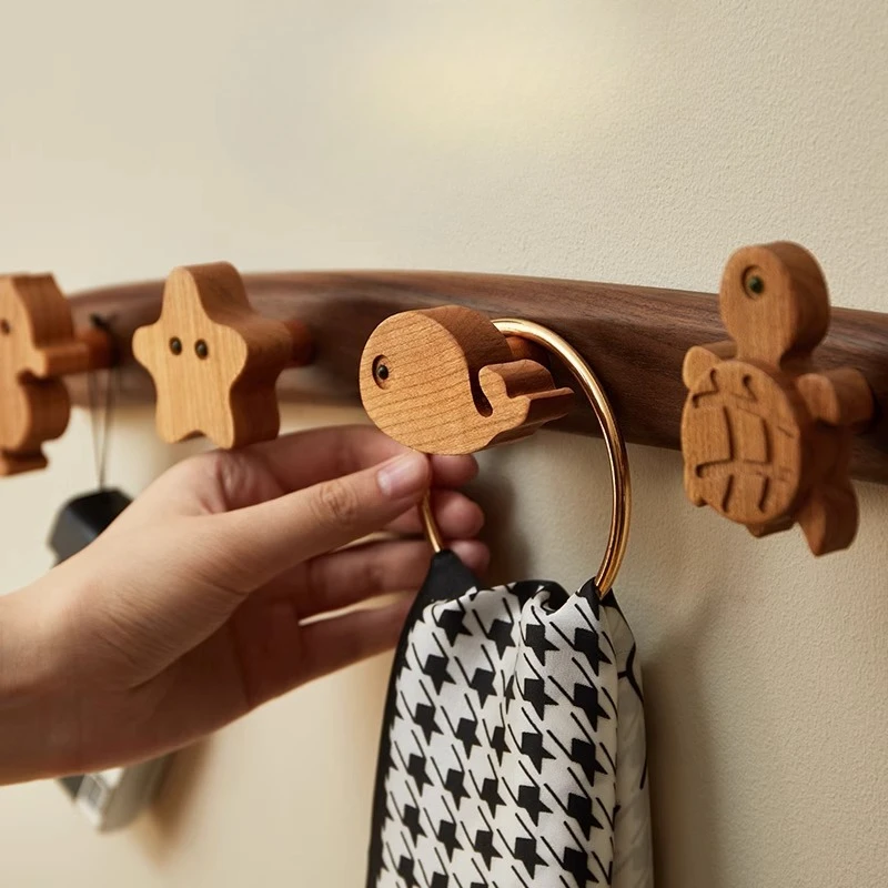 Wooden Coat Rack Wall Mounted Ocean Animal Coat Hangers for Kids Room No Drill Door Back Organizer Cute Cartoon Decorative Hooks