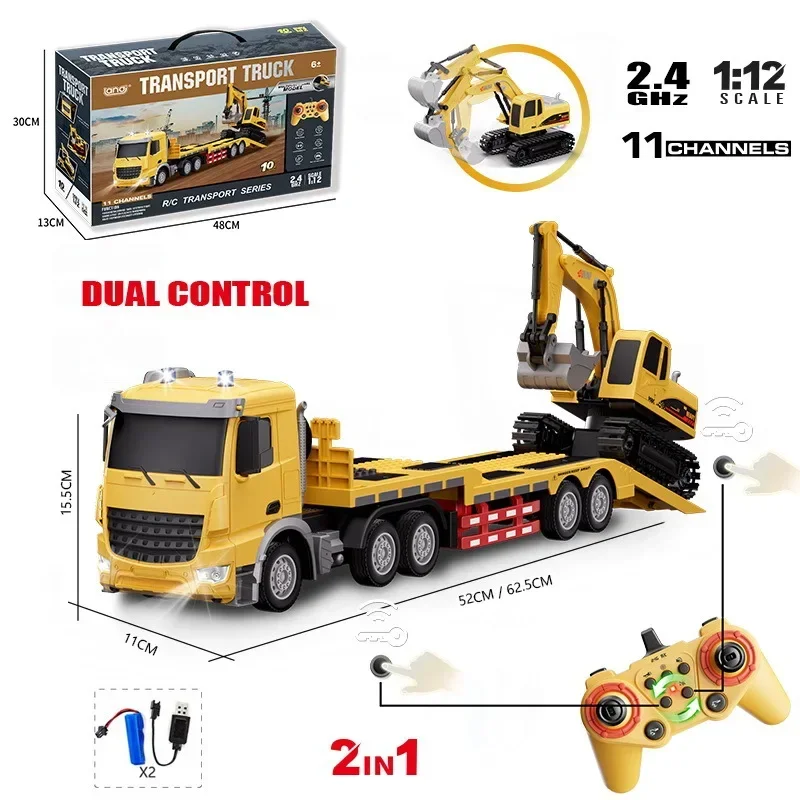 Rc Truck with 11Ch Excavator Engineering Vehicle RC Semi-Trailer Crane Truck led light Remote Control Transport Car Toy kid gift