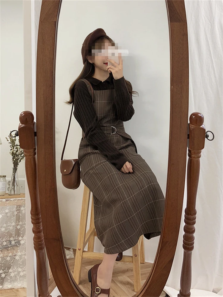 Women Dress Girls Winter Fall Party Female Vintage Sundress Brown Plaid Sundress Women Dresses Long Robe Vestido Preppy Plaid