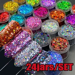 24 Colors Iridescent Nail Art Glitter Sequins Set Net-5g Holographic Colorful Sparkly Hexagon Flakes 2023's Bottled Nail Sequins