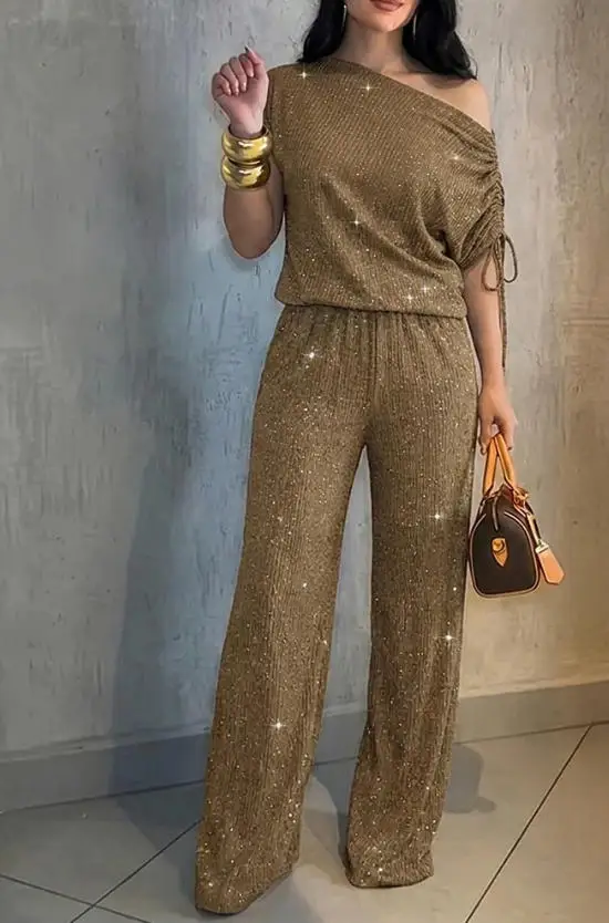 Two Piece Set Women Outfit 2026 Spring New Fashion Rhinestone Skew Neck Off Shoulder Short Sleeve Top & Casual Wide Leg Pant Set