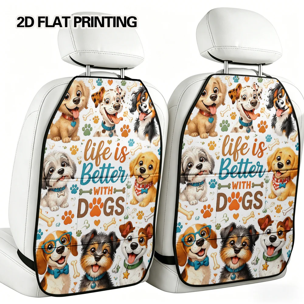 2D Flat, 2pcs Playful Cartoon Dogs Print Backseat Car Organizer Mats, Versatile Foldable Storage Pouch, Elegant Car Interior Dec
