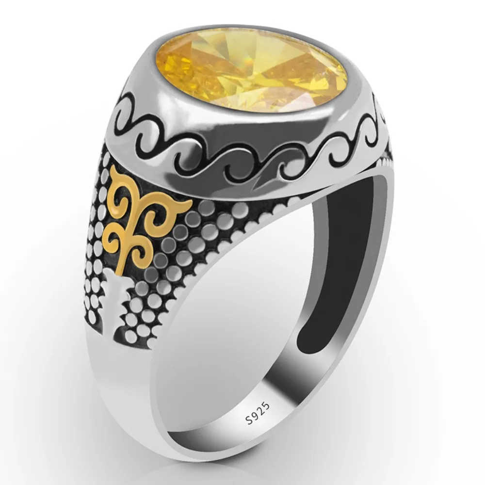 Turkish rings Men Vintage 925 Sterling Silver Classic Men Ring Yellow Cubic Zirconia Stone two Tone plated Silver Jewelry Gift f