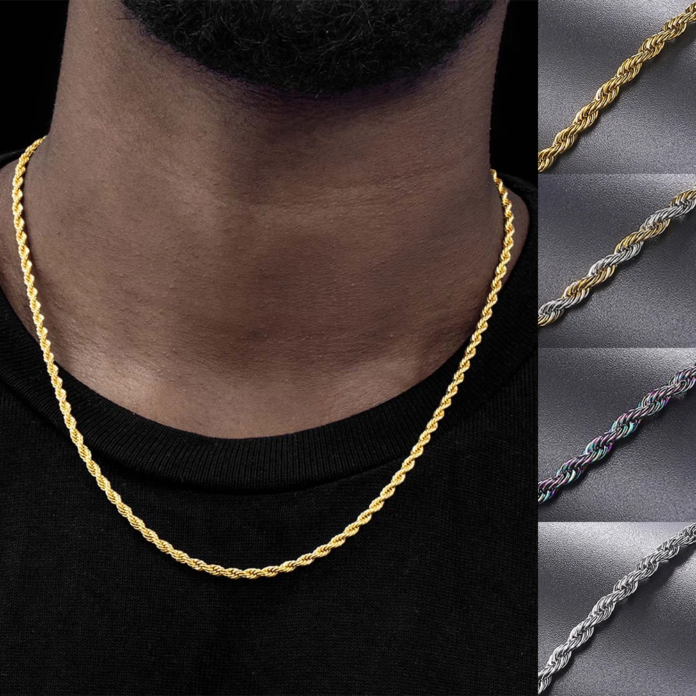 Collier chaîne à corde torsadée pour hommes, cordes en acier inoxydable, Long collier minimaliste couleur or argent, bijoux Hip Hop 3mm 60cm
