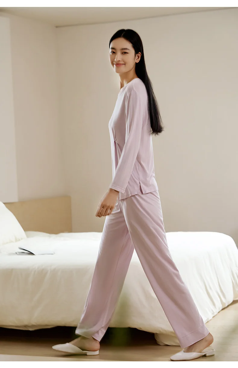 BirdTree, 100%Mulberry Silk Knit Pajamas Set, Women Long Sleeve Top Pants, Casual Sweet Homewear, 2024 Summer Autumn S47667QC