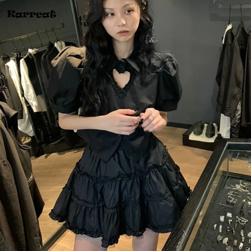 Karrcat Gothic Two Piece Sets Grunge Dark Aesthetic Hollow Out Shirt + Ball Gown Mini Skirt Suits Set Emo Goth 2 Piece Set Punk