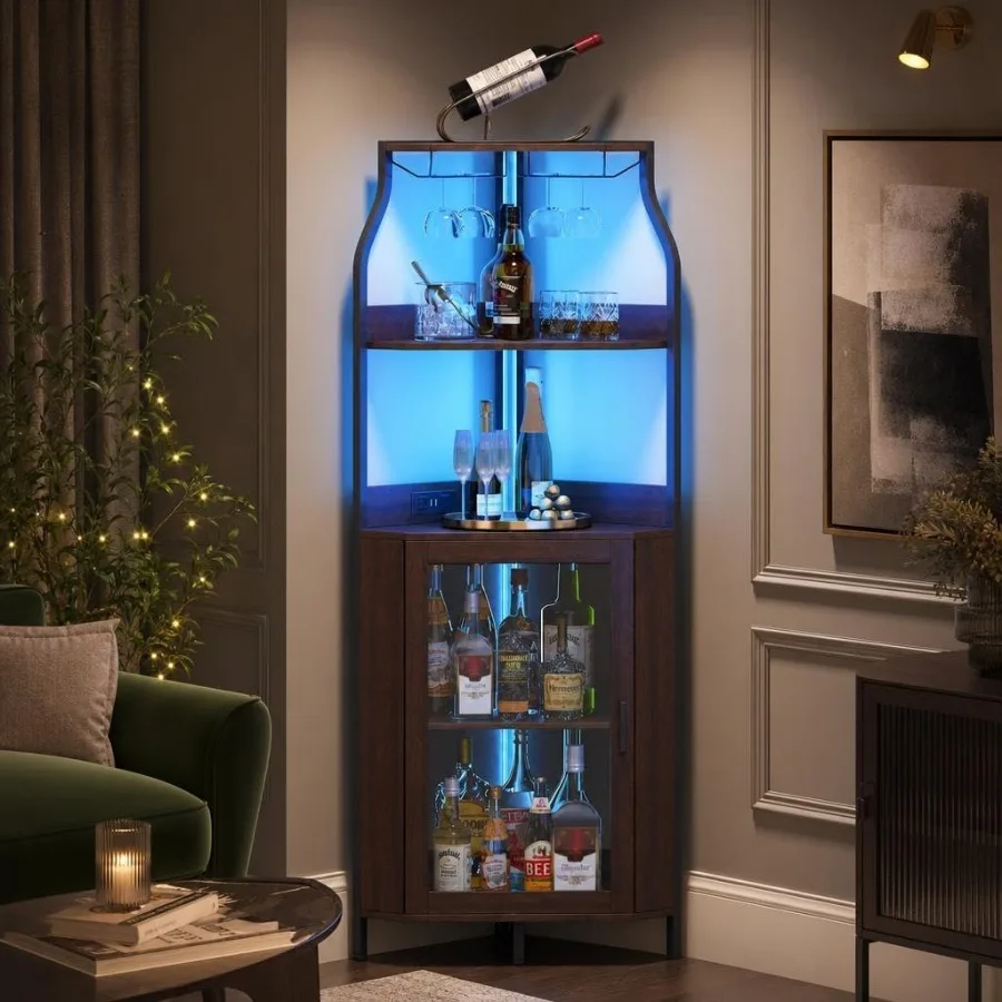 5-Tier Corner Bar Cabinet, RGB LED Wine and Liquor Cabinet