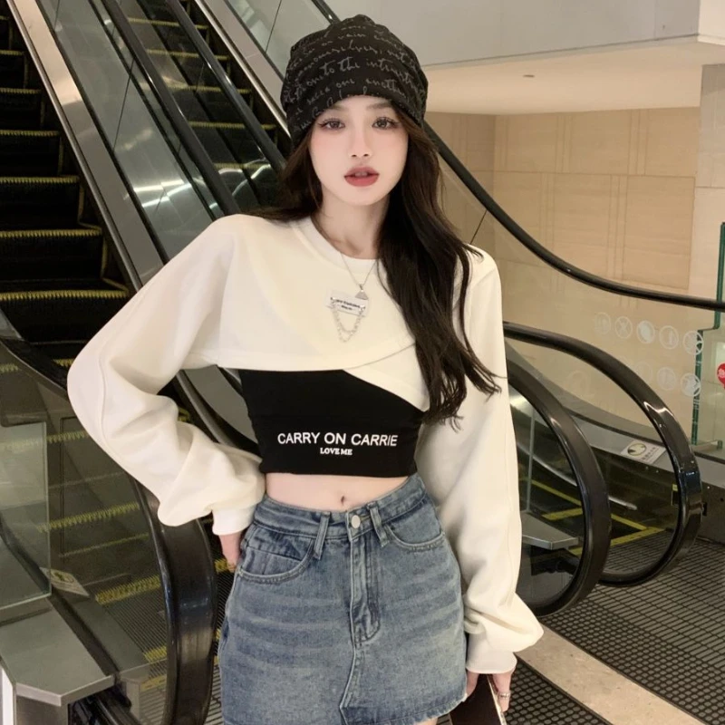 O Neck Chain Irregular Y2k Sweatshirts 2022 Fashion Korean Crop Tops Harajuku Punk Gothic Streetwear Women\'s Clothing Camis Suit