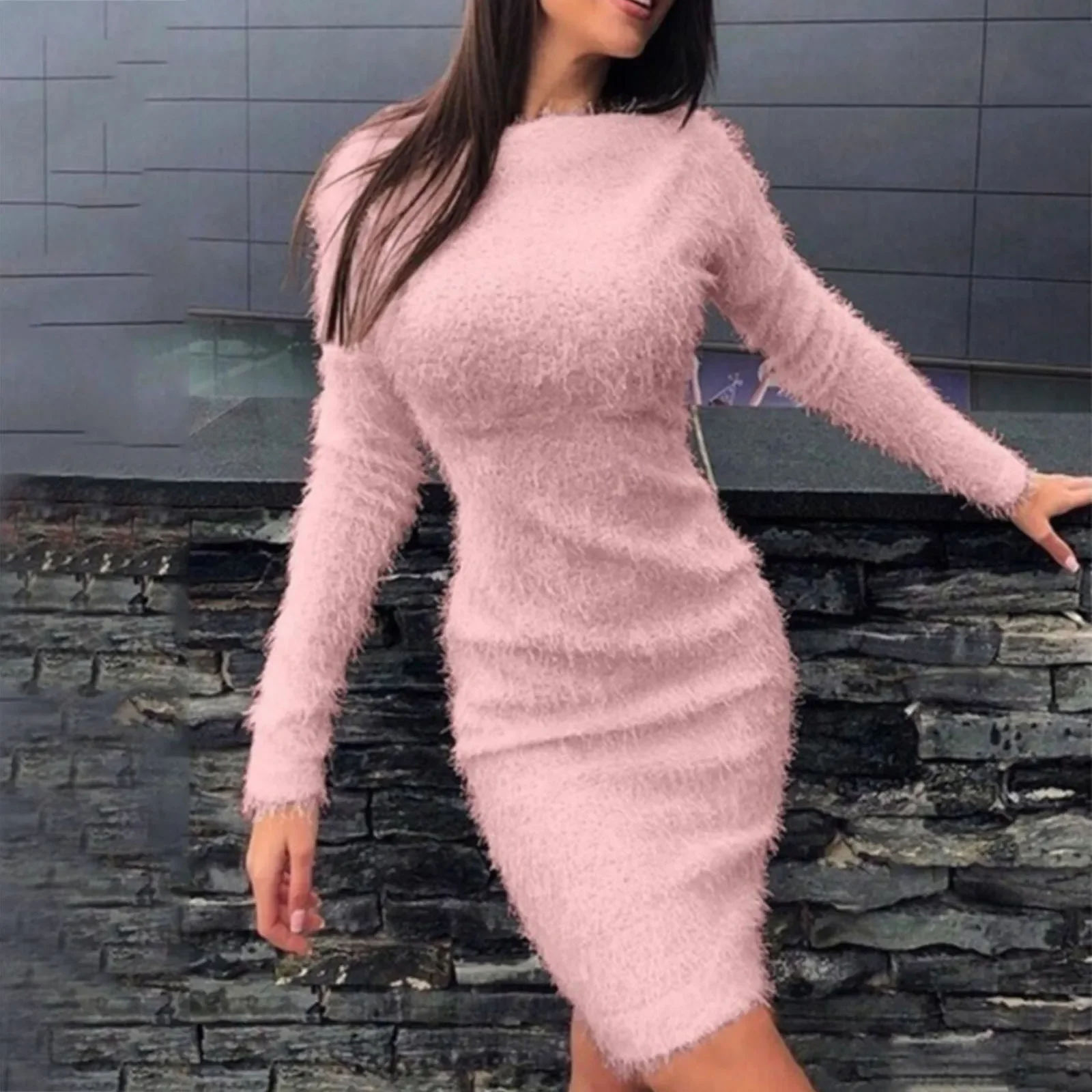 Mid Dresses For Women Casual Ladies Dress Knit Turtleneck Long Sleeve Solid Color Slim Plush Sweater Dresses Light Ruffle Dress