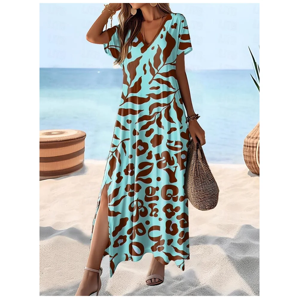 Fashion Women Dresses 3d Flower Print Woman A-Line Skirt Women Clothing Elegant Women Dresses Summer Casual V-Neck Slit Dress