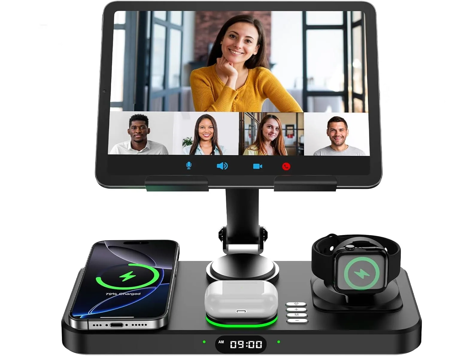 6-in-1-wireless-charger-for-iphone-iwatch-air-pods-charging-station-with-clock-7-color-light-foldable-rotate-stand-for-ipad