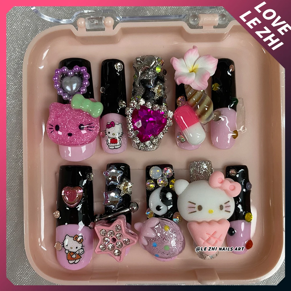 Sanrio Handmade 3D Hello Kitty Cinnamoroll Kuromi Handmade Press On Nails Bowknot Wings Pearl Diamond Wearable Full Cover Nails