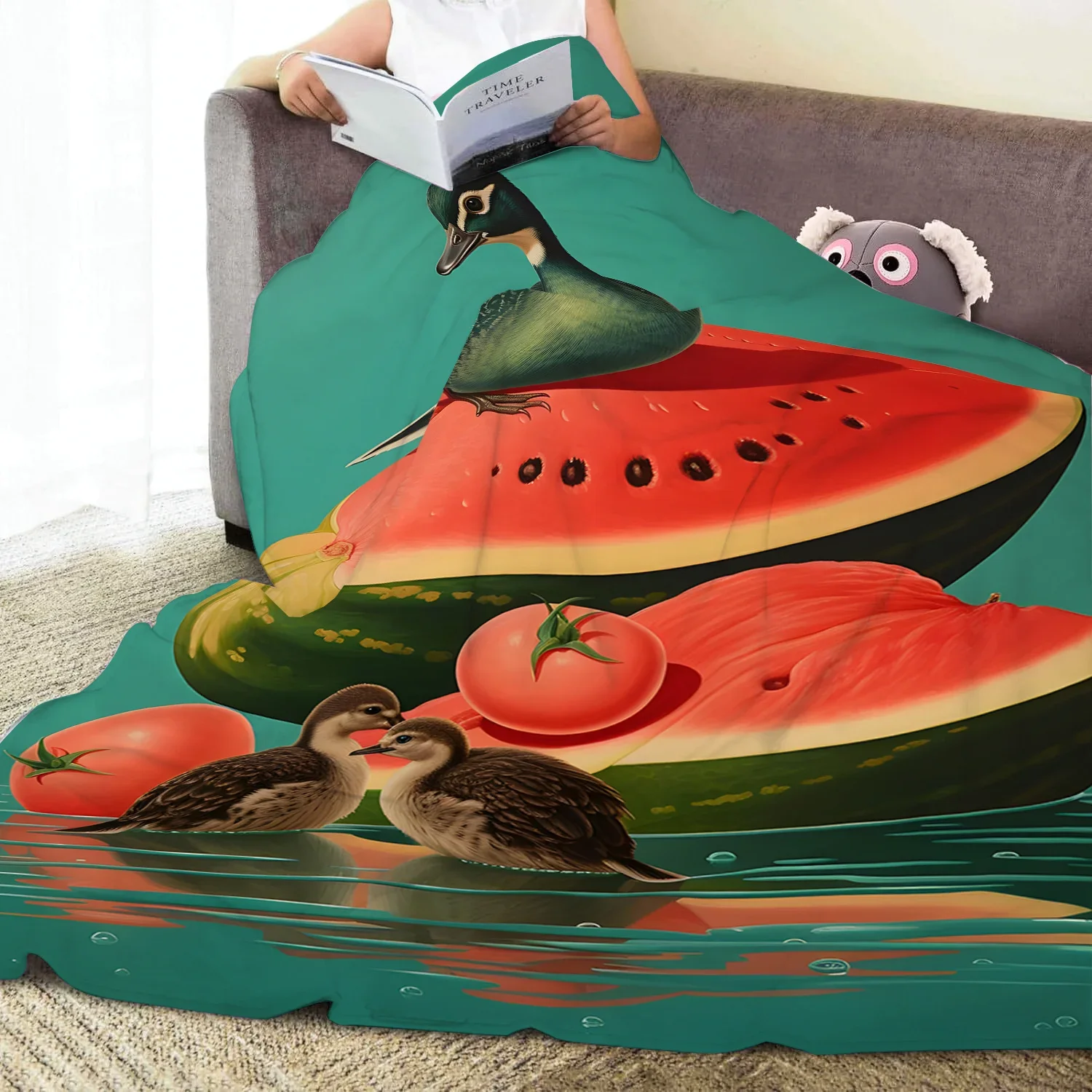 Large Watermelon Duck Print Decorative Throw Blanket  Summer Tropical Novelty Living Room Decor 150x230cm