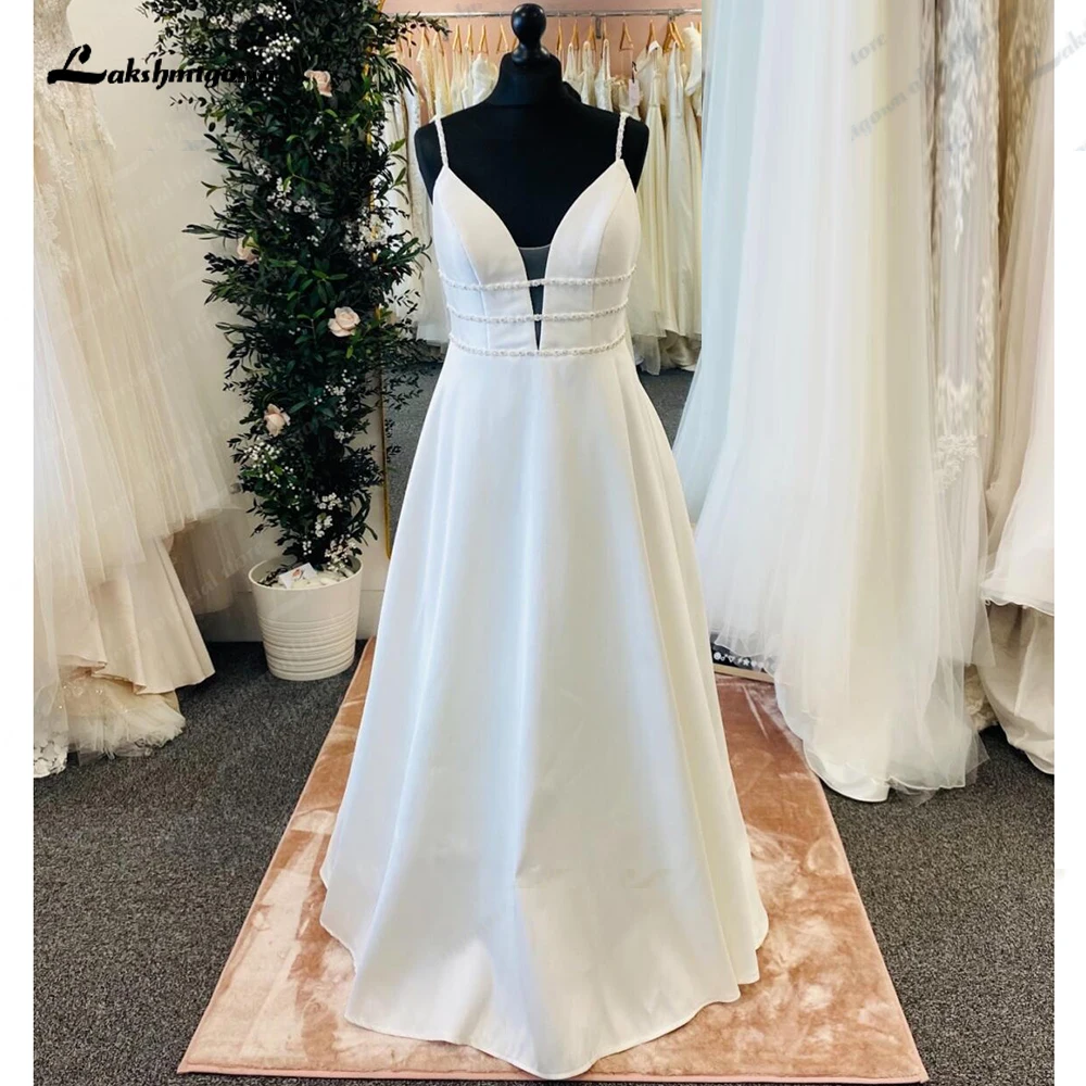 Lakshmigown Simple A Line Satin Wedding Dress 2025 Plunging V Neck Vestidos Boho Bridal Beach Wedding Gowns Sleeveless