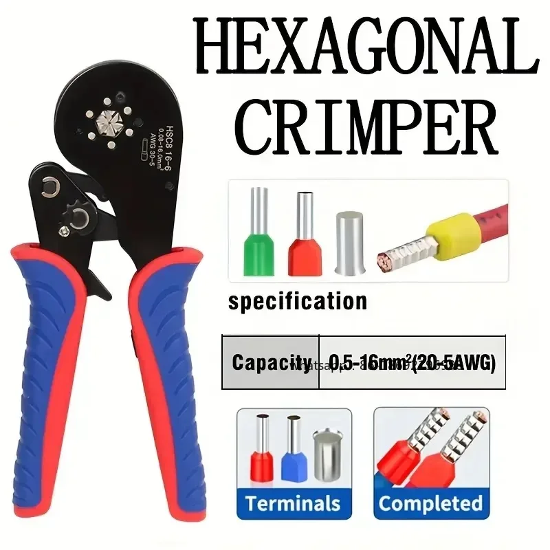 

HSC8 16-6 Инструмент для обжима наконечников 0,5-16 мм2/30-5AWG Обжимные клещи для трубчатых клемм Мини-клещи для клемм Электрические зажимы