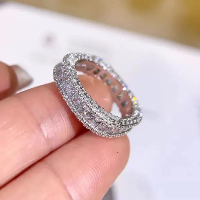 Xiaoyan 100% S925 silver full diamond inlaid square ring, versatile fashion gemstone wedding ring, high-end jewelry