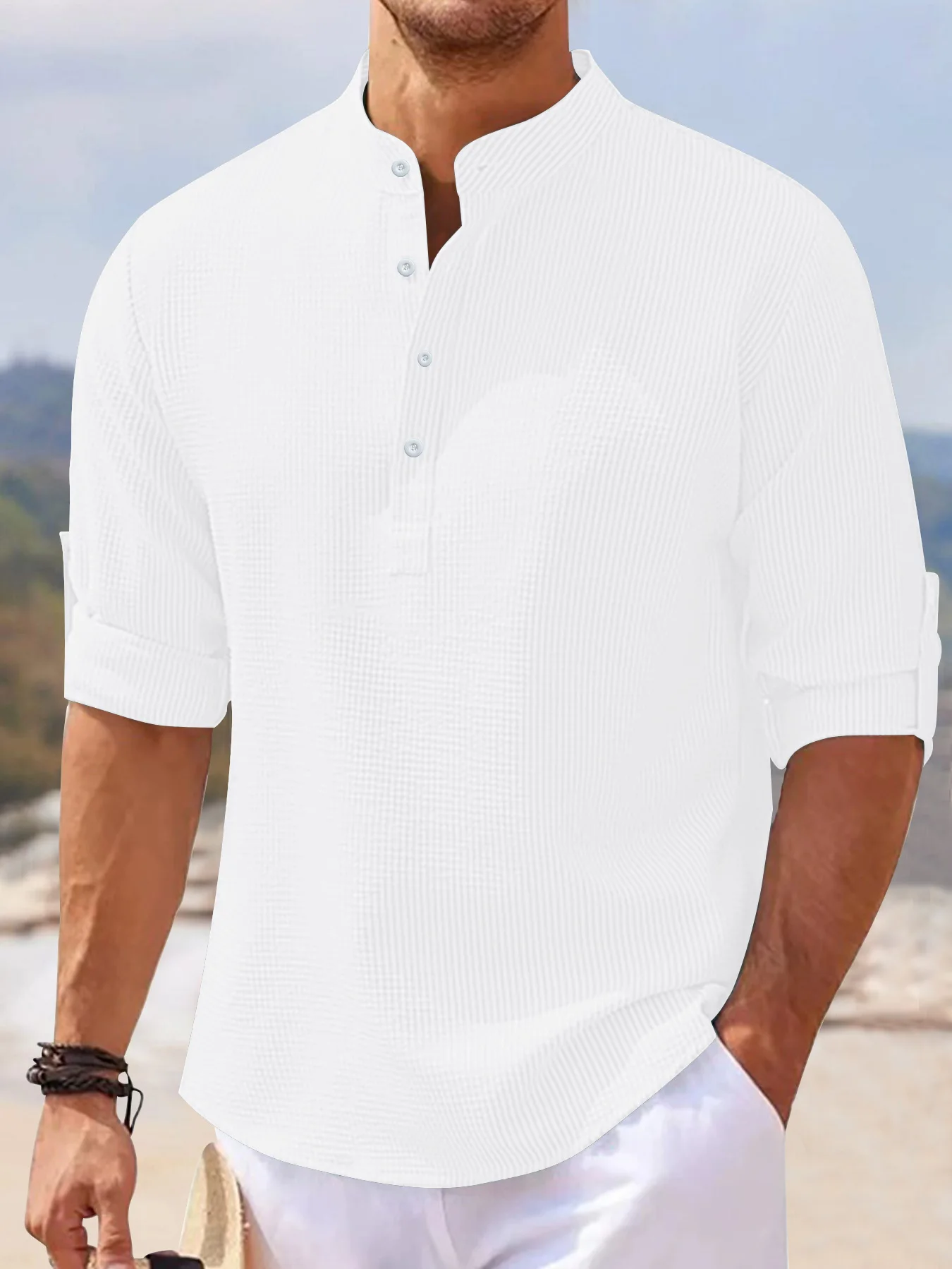 

2025ins Men's long sleeved polo shirt Button checkered small stand up collar top Loose, casual, breathable Hot sale Men's wear