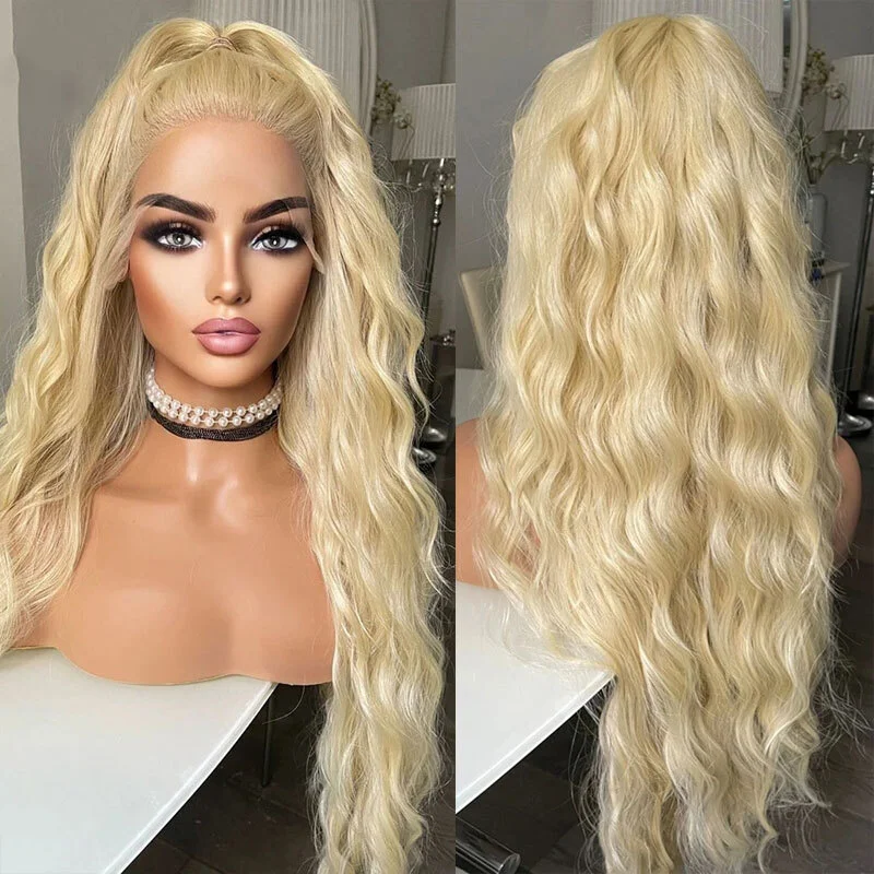 

Heat Resistant Synthetic Hair Women Light Blonde T Lace Front Wig Long Wavy