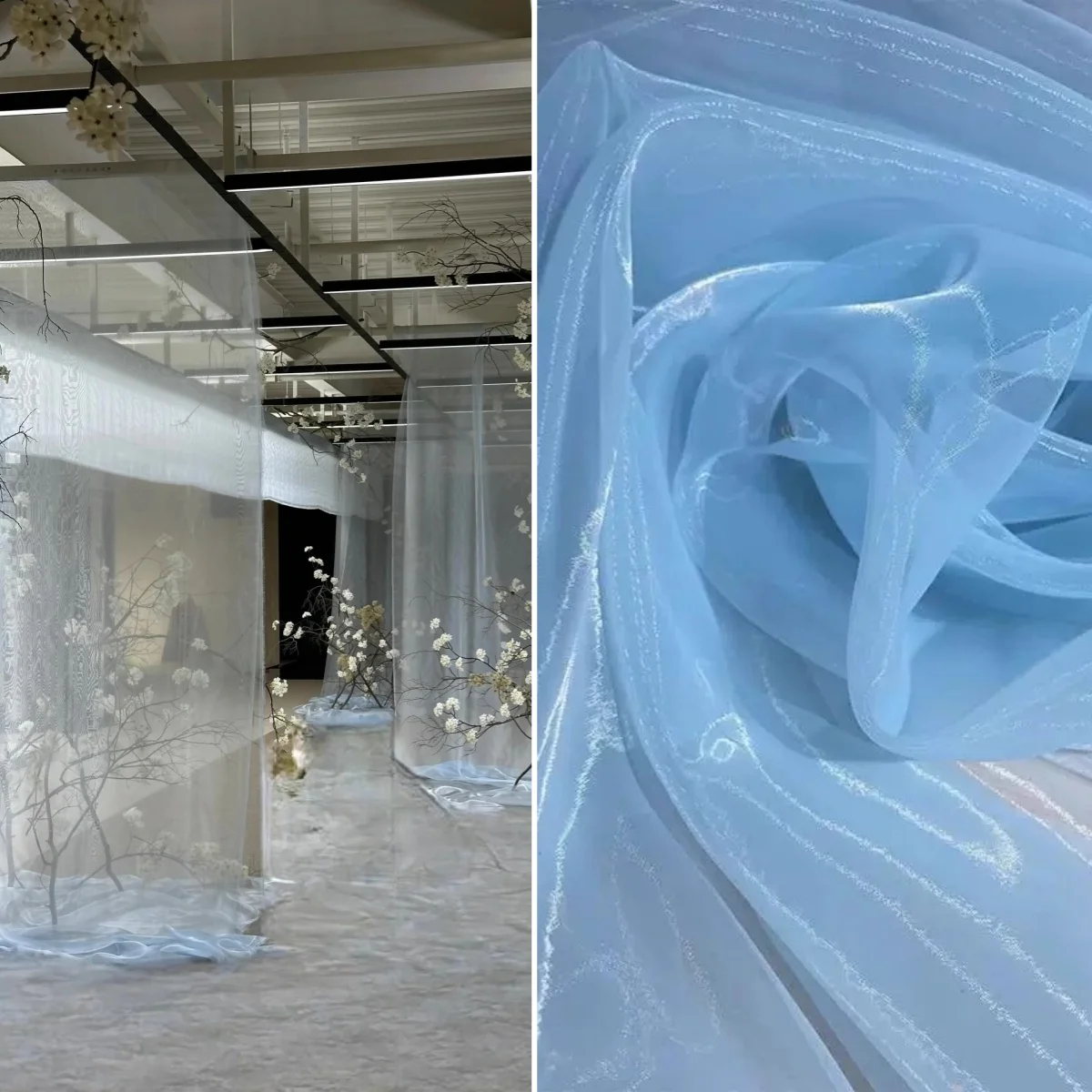 

Голубая жидкая ткань, марлевая занавеска, свадебная вода, свет, марля, блеск, макет свадебной сцены, ткань, дизайнерская ткань для выставочного зала