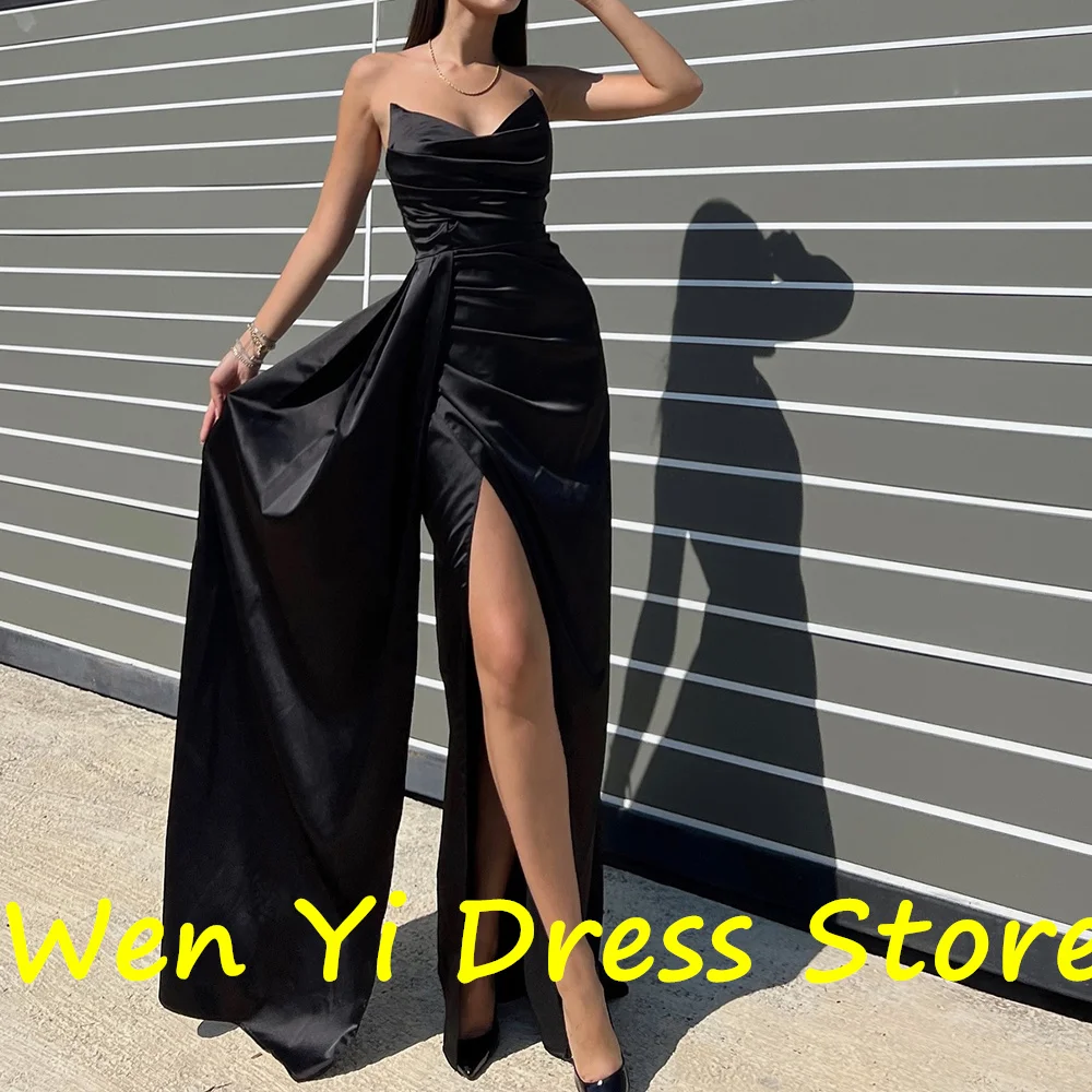 Classic Celebrity Dress Floor Length Straight V Neck Satin Sleeveless Fashion Solid Black Panel Train Special Occasion Gowns