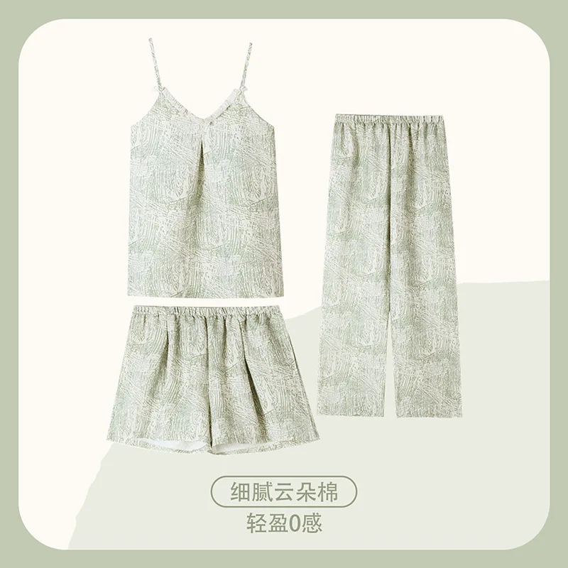 

New Arrvial 3Pcs/set Women's Pajamas Set Summer Sleeveless Sleeping Top Shorts Long Pant Homewear Young Girl Nightwear Lounge
