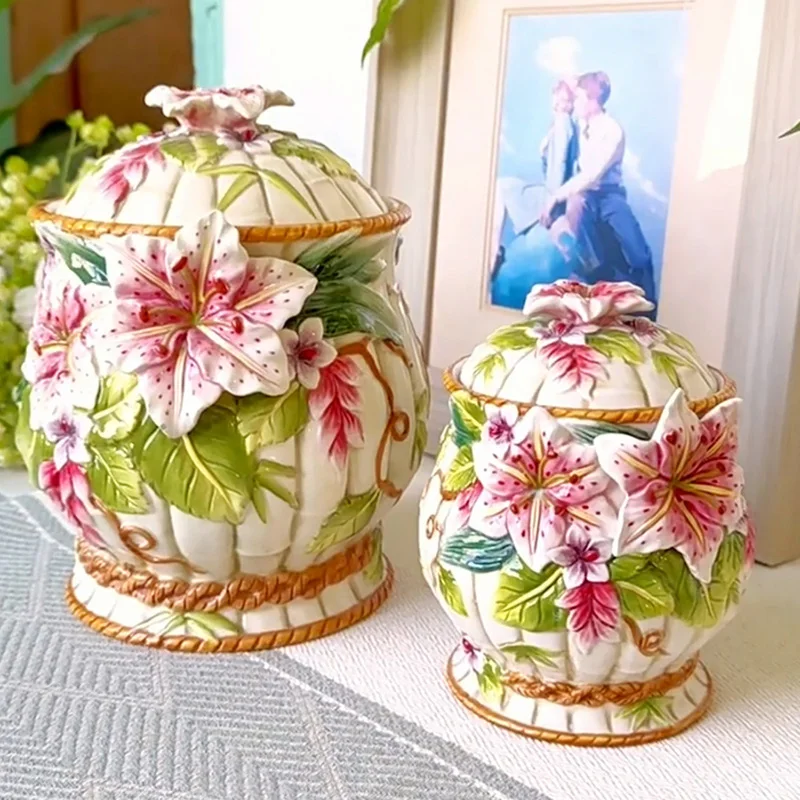 Royal Baroque Ceramic Canister Floral Relief Candy & Coffee Organizer for Pantry, Farmhouse Countertop Display Jars