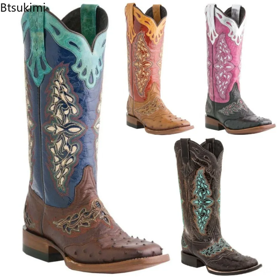 2026 Women's Autumn Winter Square Toe Thick Heel Colorful Patterned Knight Boots Embroidered Color-Blocked No Slip Ladies Boots