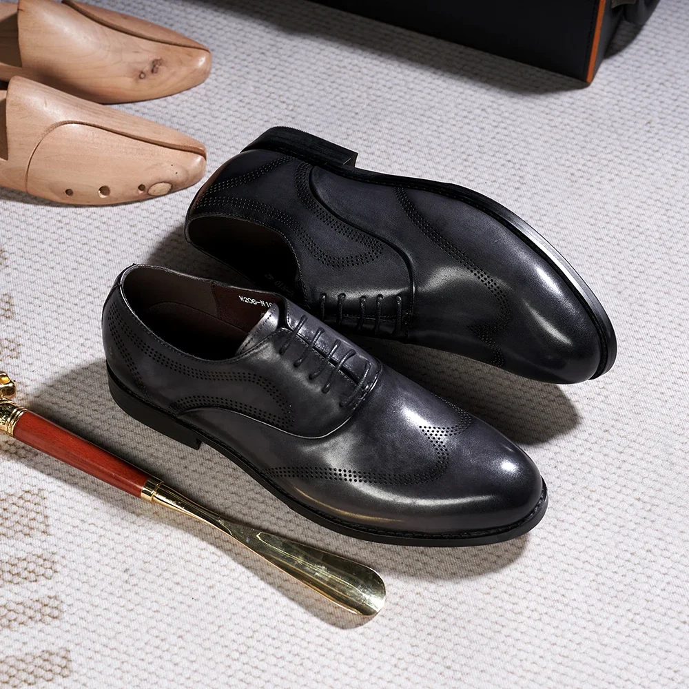 Men\'s Classic Style Genuine Leather Wingtip Oxfords Lace-Up Dress Shoes for Business Office Wedding Party Formal Footwear