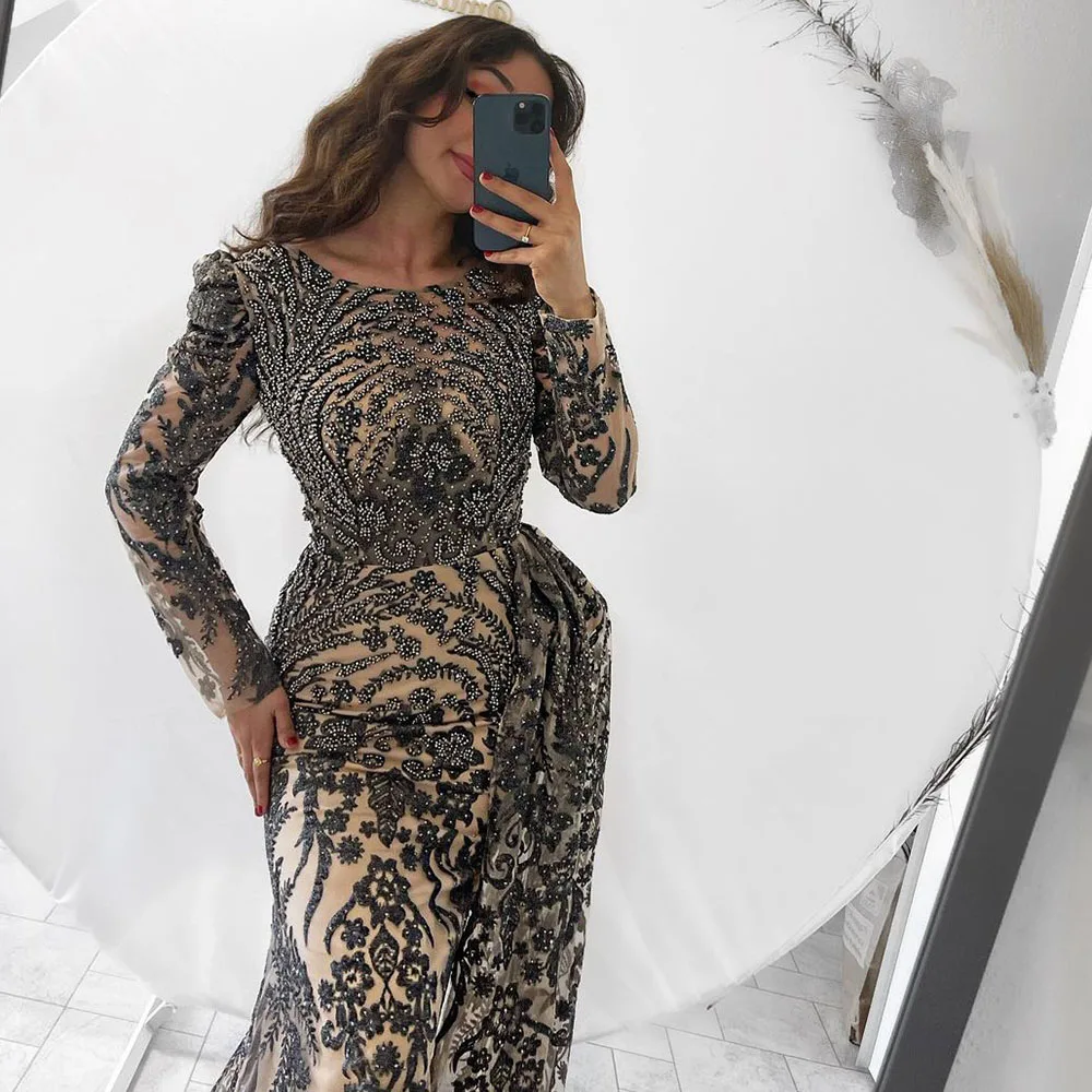 Elegant Dubai Arabic Lace Evening Night Dress for Women 2024 Long Sleeves O Neck Mermaid Crystal Formal Wedding Prom Party Gowns
